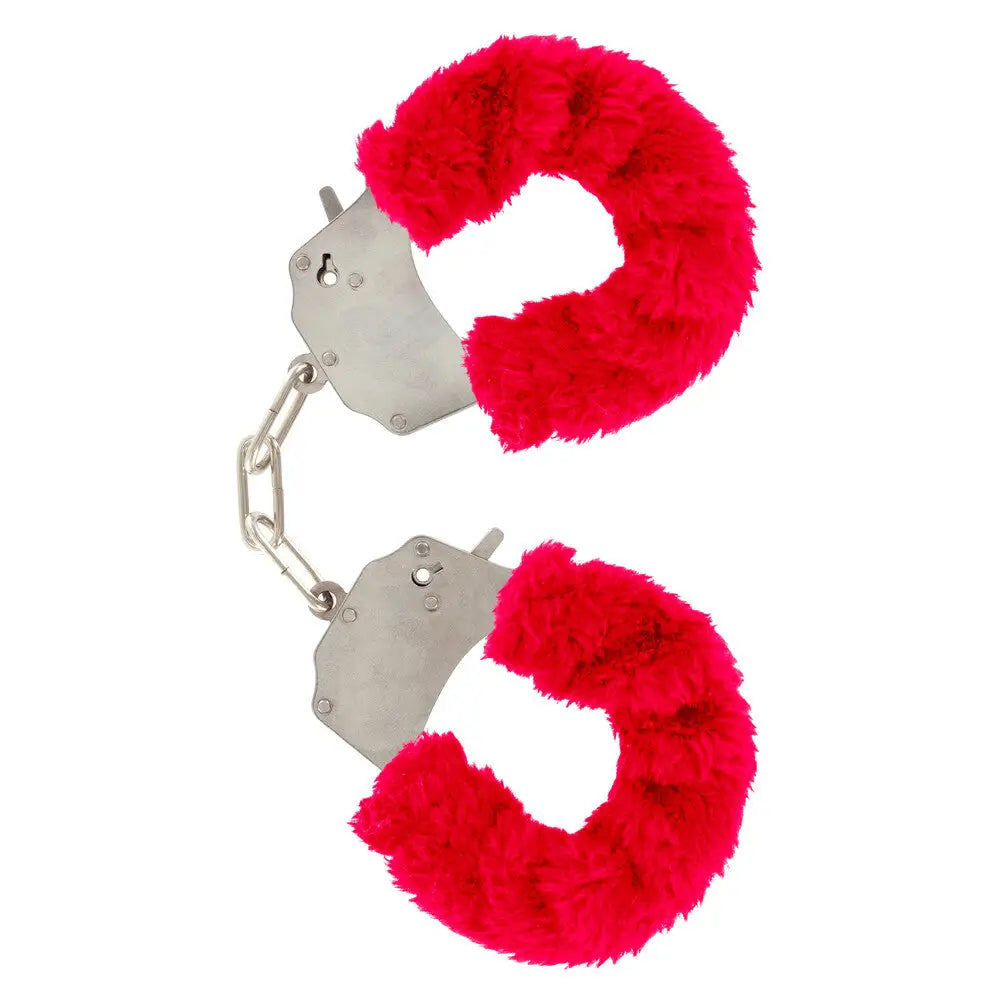 Toyjoy metal red furry fun wrist cuffs with keys - peaches and screams