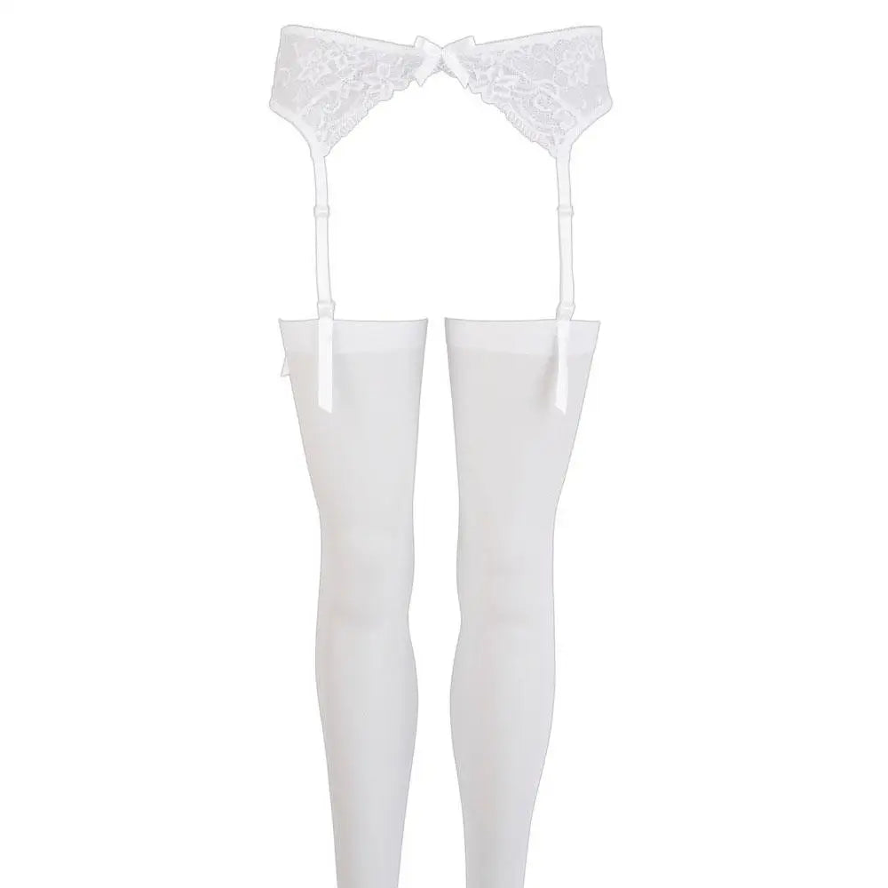 Wet look white lace suspender stockings with straps - peaches and screams
