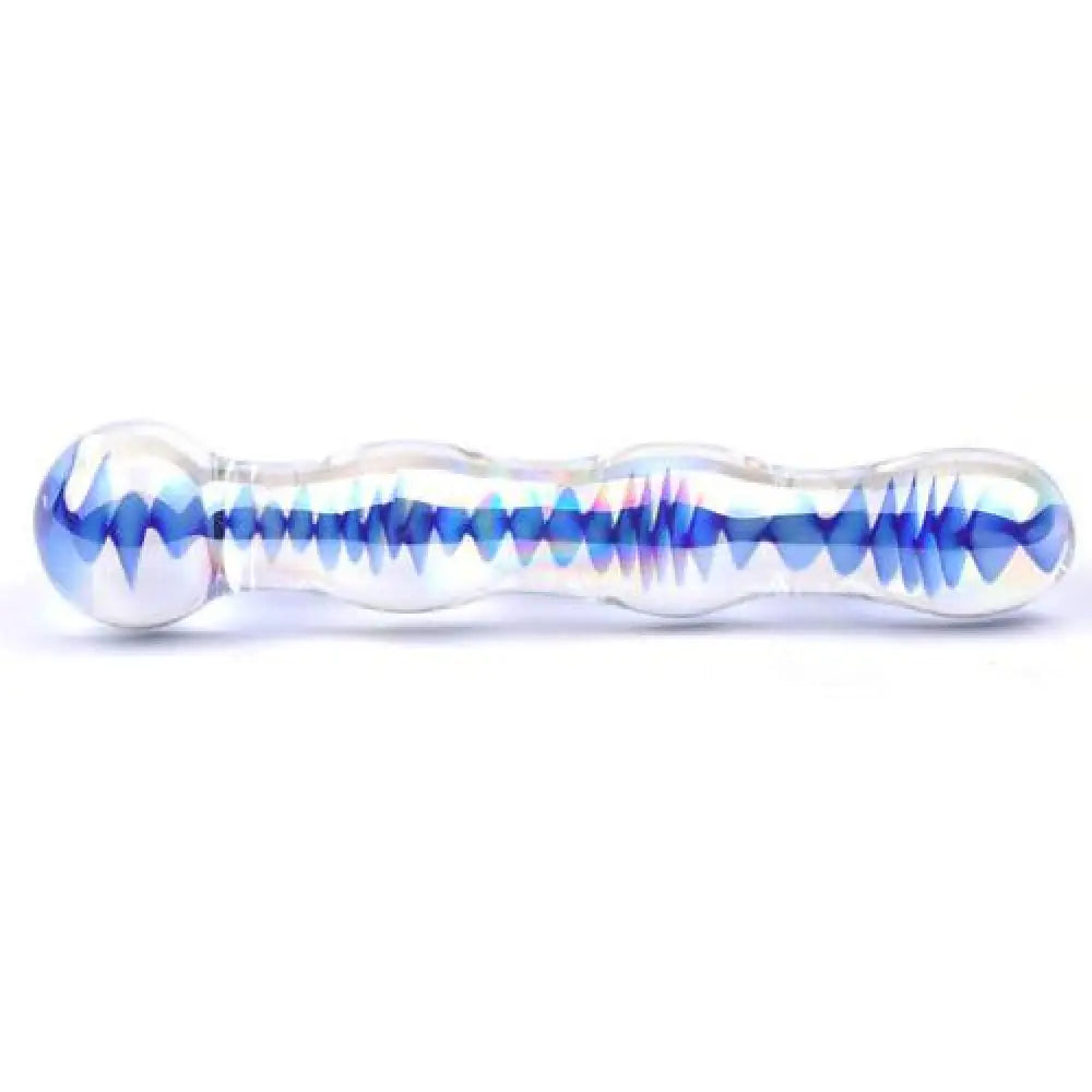 7 inch blue wavy ribbed glass dildo for her - peaches and screams