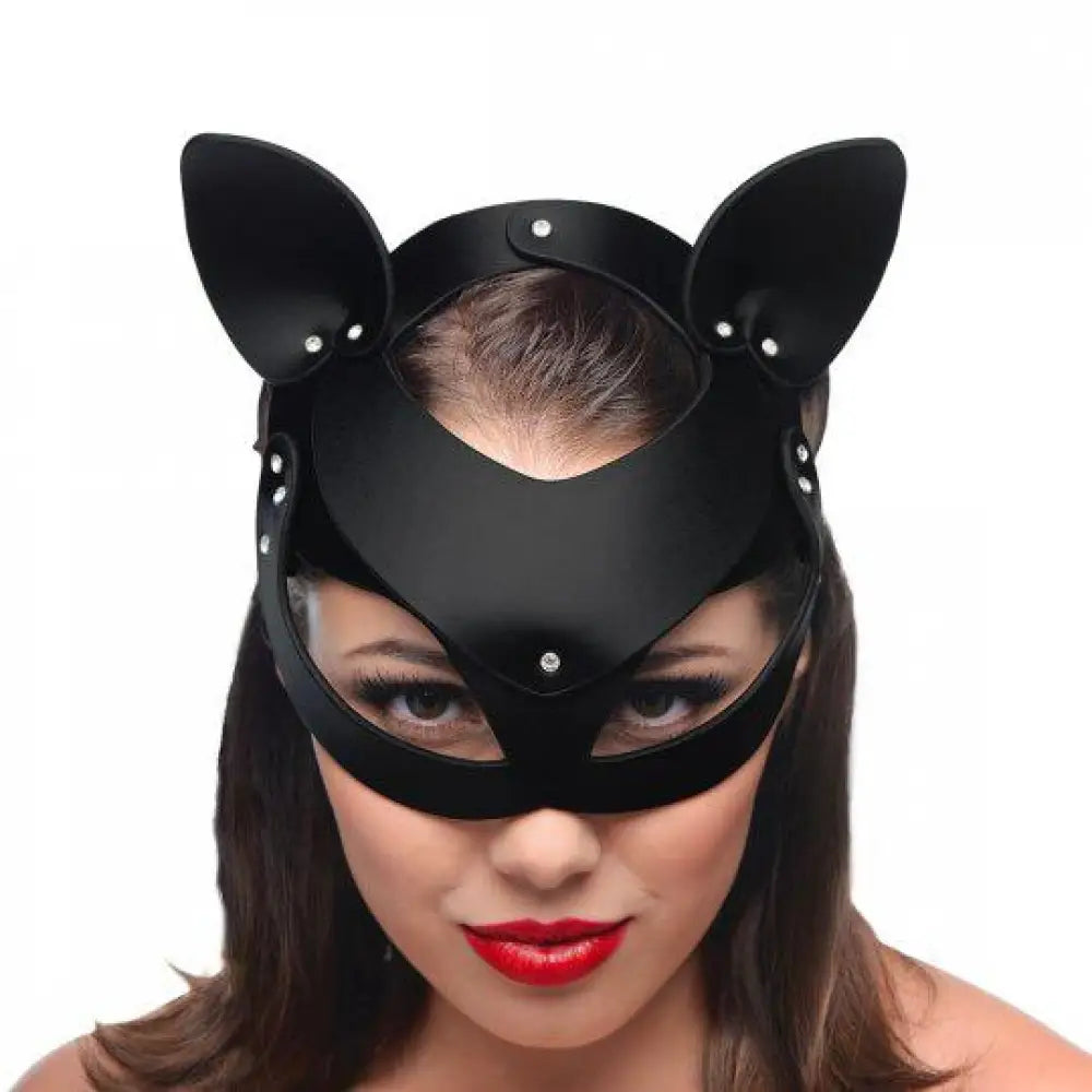 Black bad kitten leather cat mask with adjustable straps - peaches and screams