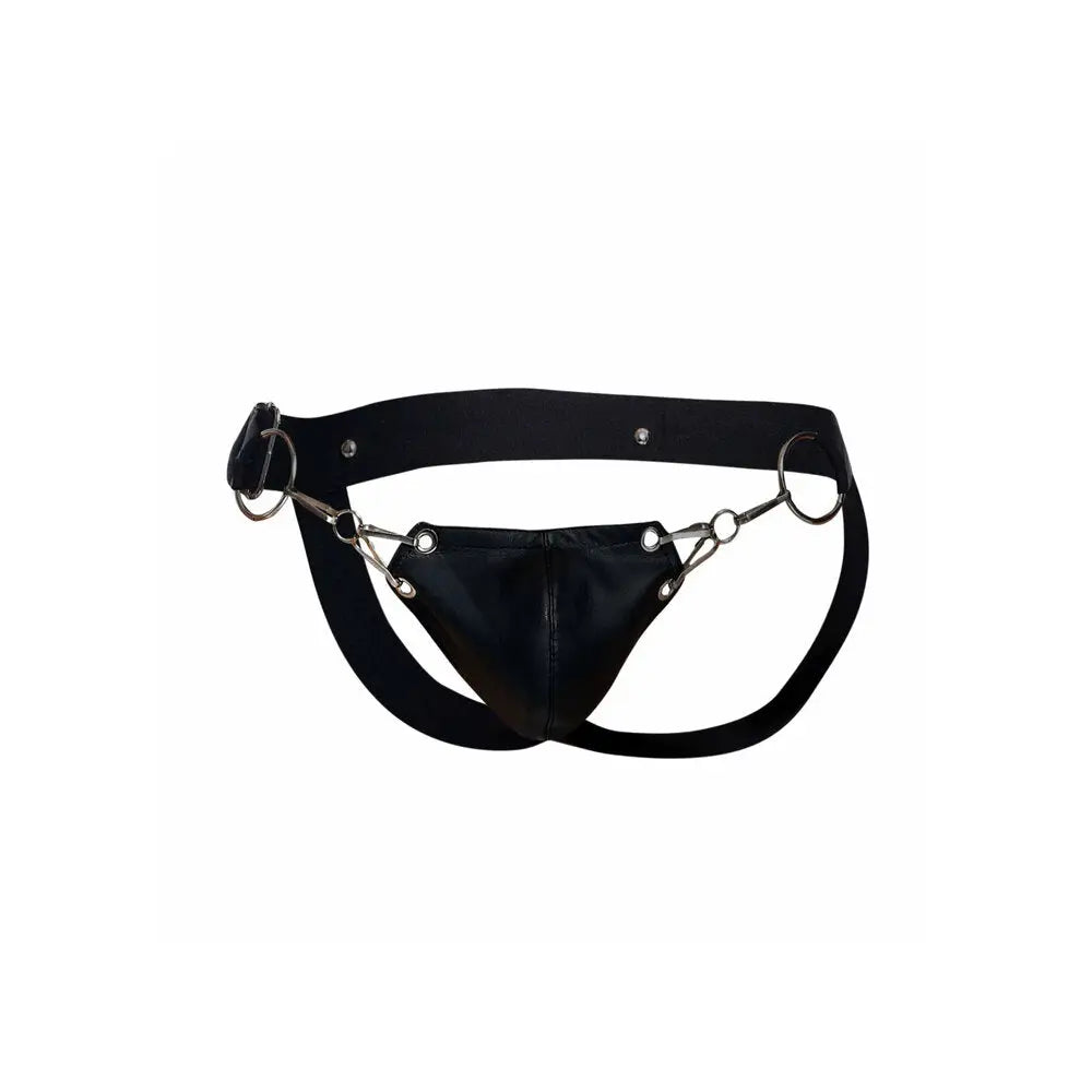 Black erotic faux leather snap jockstrap for men - peaches and screams