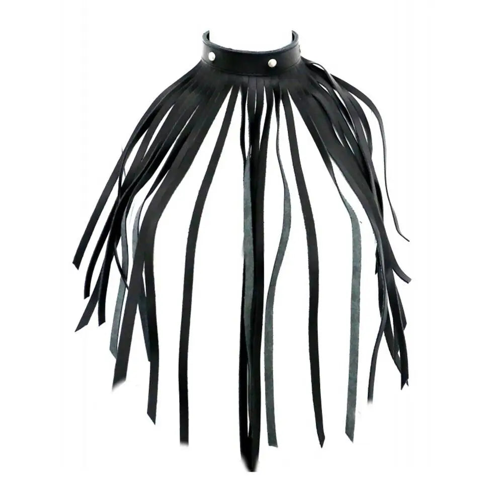 Black leather fringe necklace bondage collar - peaches and screams