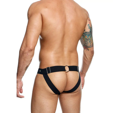 Black Leather Male Peekaboo Jockstrap One Size With Studs - Peaches and Screams