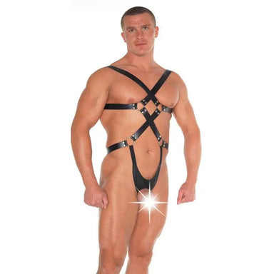 Black Leather Strappy Bondage Teddy With Open String - Peaches and Screams