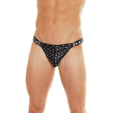 Black Leather Studded Male Brief With Press Studs - Peaches and Screams