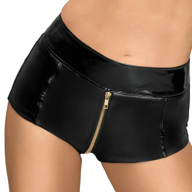 Black Sexy Wet Look Zip Up Hot Pants For Her - Medium - Peaches and Screams