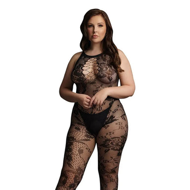 Le Desir Plus Size Black Criss Cross Neck Bodystocking Uk 14 To 20 - Peaches and Screams