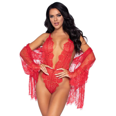 Leg Avenue Sexy Wet Look Floral Lace Teddy And Robe - M/L - Peaches and Screams