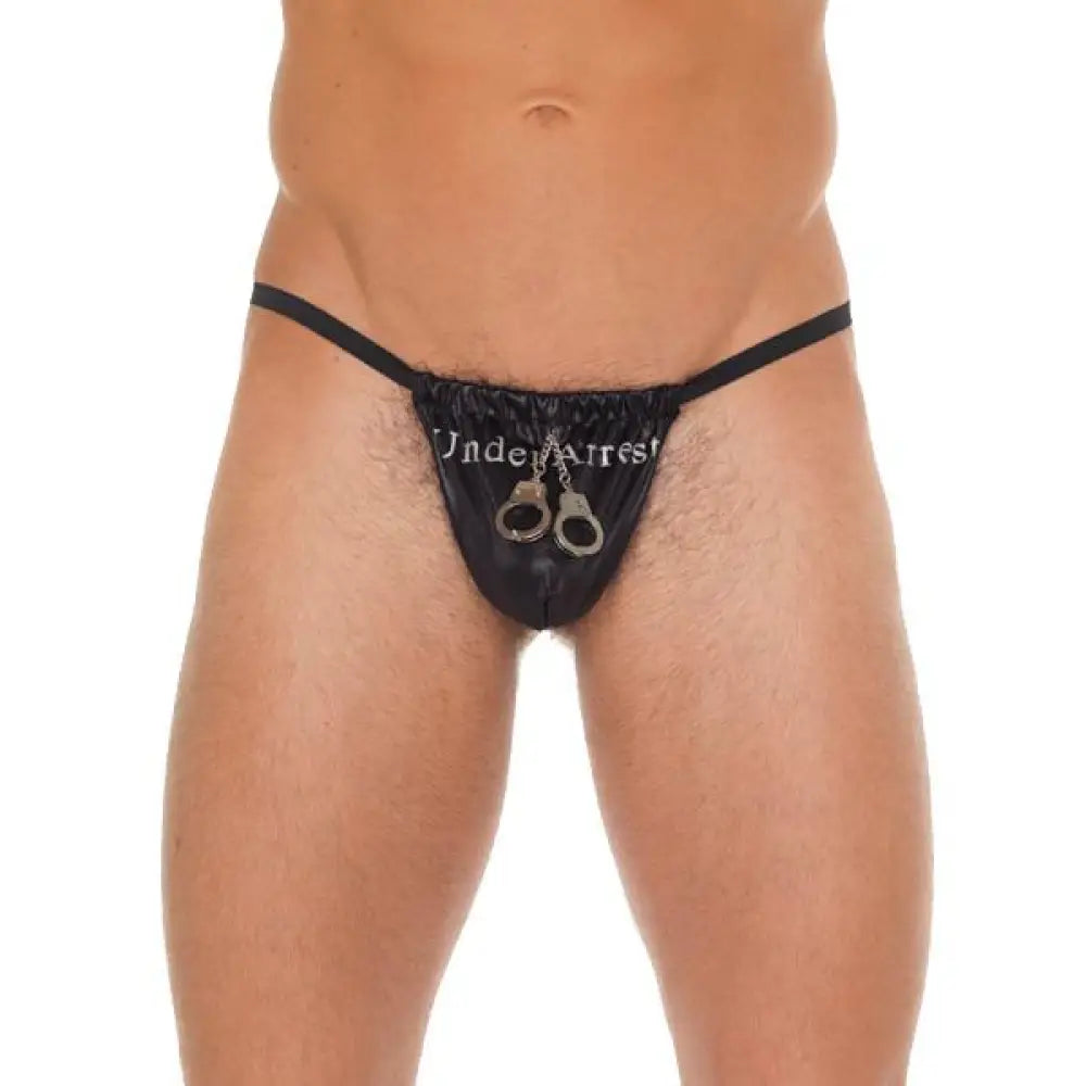 Mens black wet look g string with handcuff pouch - peaches and screams