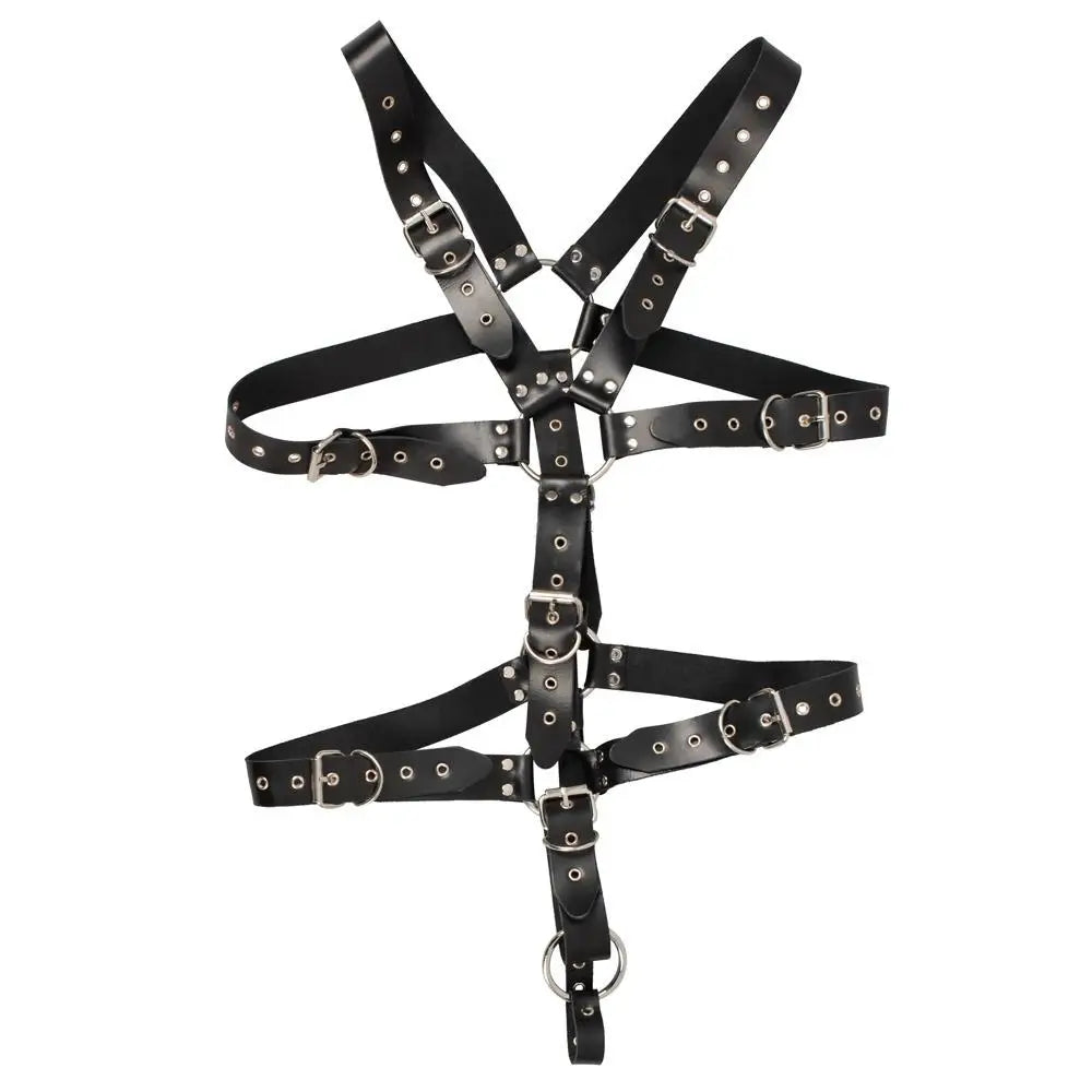 Mens leather adjustable harness with cock ring and buckles - peaches and screams