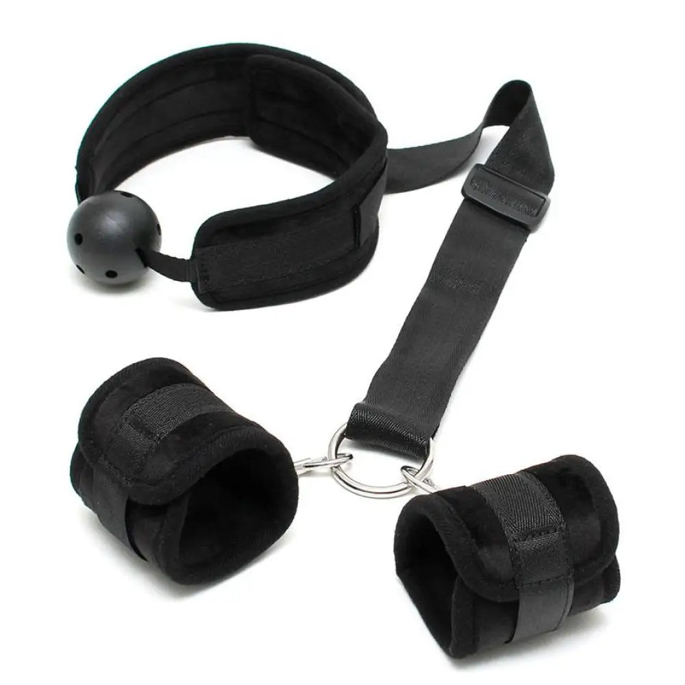 Rimba black breathable mouth gag with padded cuffs - peaches and screams