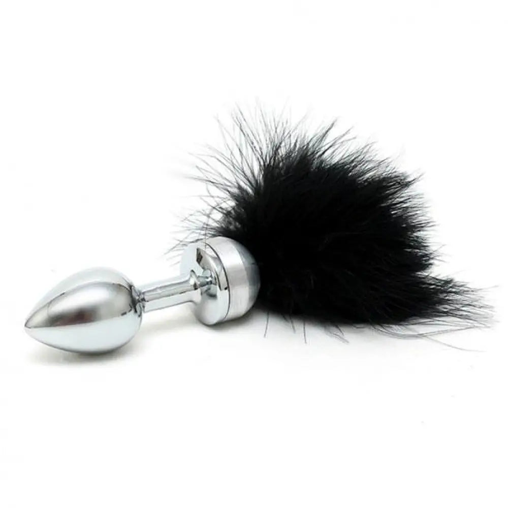 Rimba small steel anal butt plug with black feathers - peaches and screams