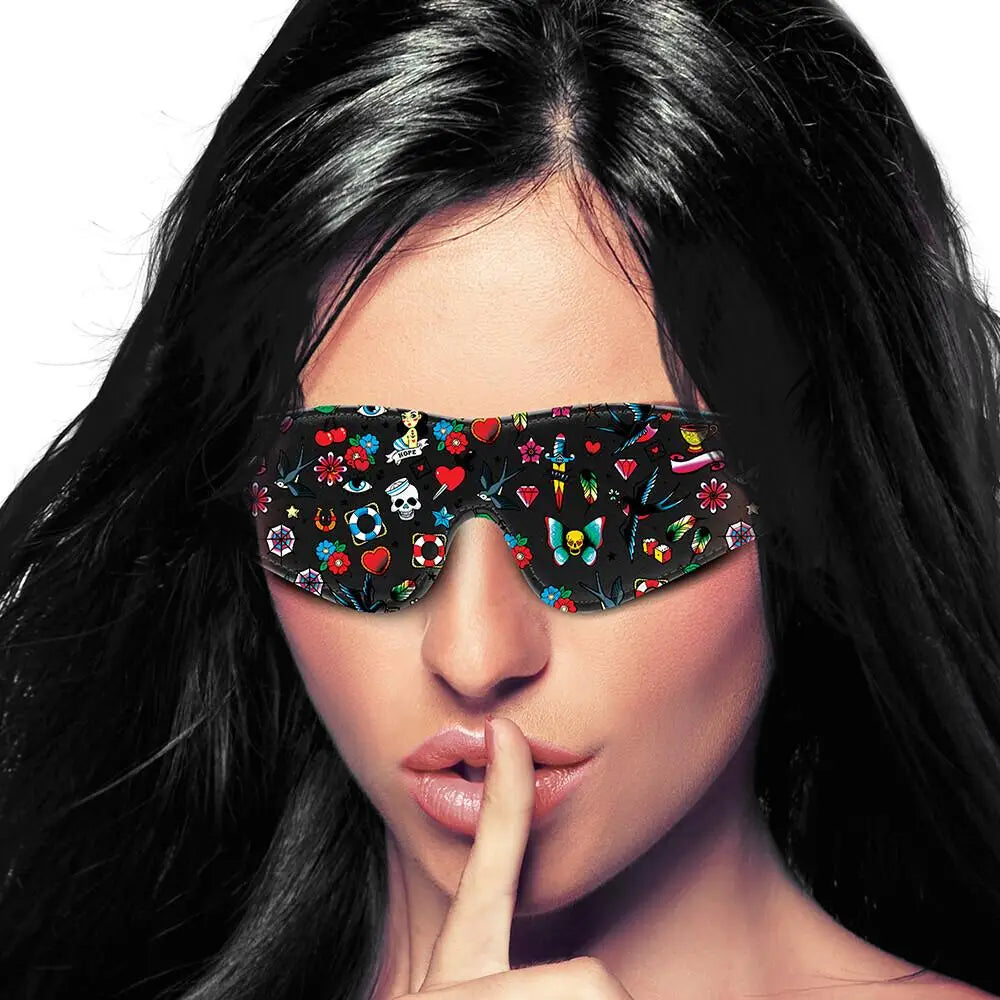 Shots leather black printed eye mask with elastic straps - peaches and screams