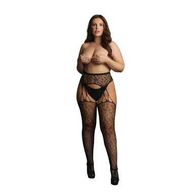 Shots Stretchy Black Plus - size Suspender Leopard Pantyhose Uk 14 To 20 - Peaches and Screams