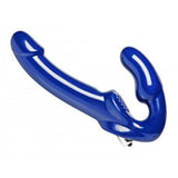 10 inch blue vibrating strapless strap on for couples - peaches and screams