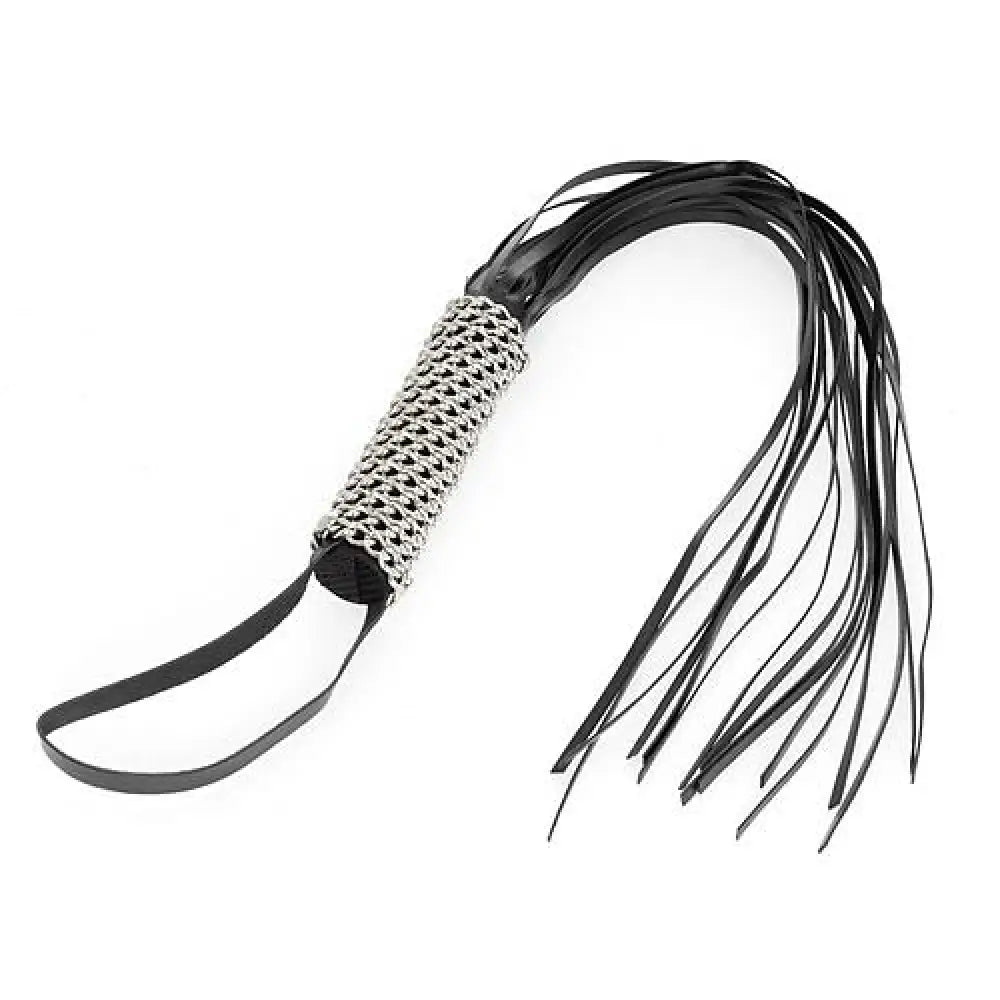 27 inch black leather whip with chain handle and 16 strings - peaches and screams