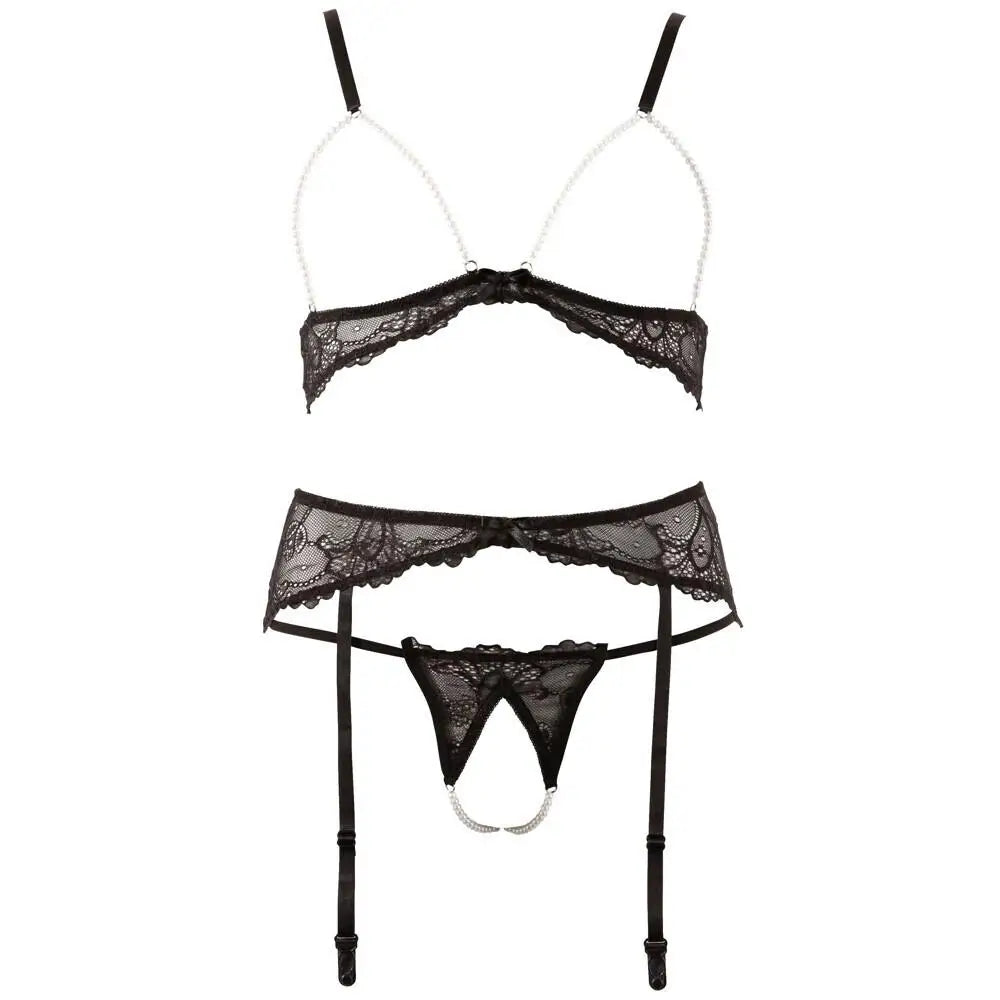 Abierta fina black pearl lingerie set with open cup bra - large - peaches and screams