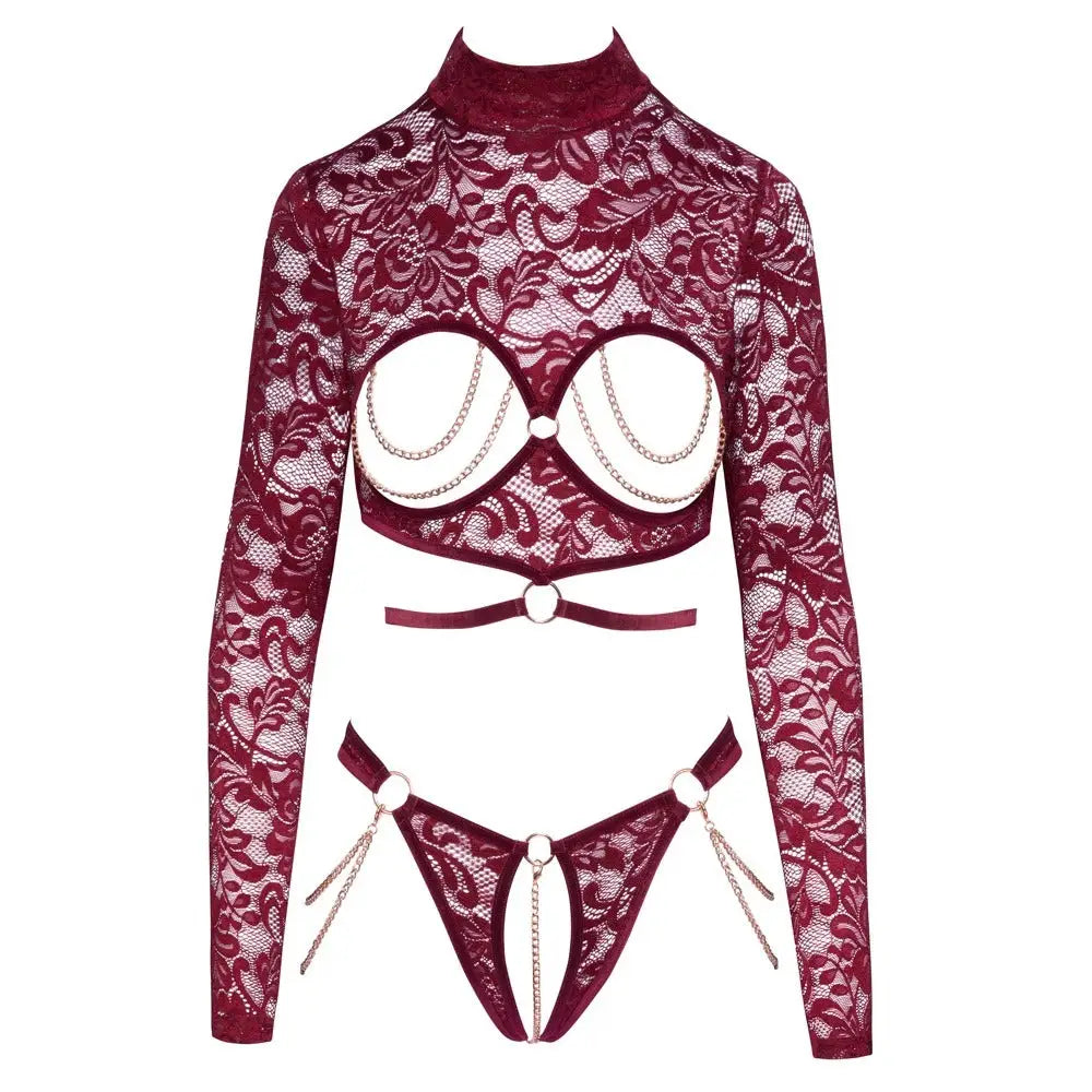 Abierta fina open red lace body lingerie one piece - peaches and screams