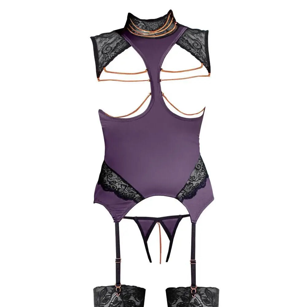 Abierta fina stretchy purple basque and crotchless chain set - small - peaches and screams