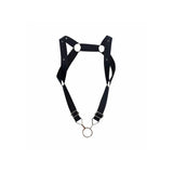 Black bondage elastic straight back harness with steel ring - peaches and screams