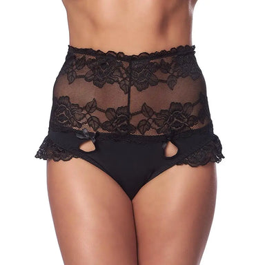 Black Lace High-waisted Women’s Brief with Lace-up Back - S/M - Peaches and Screams