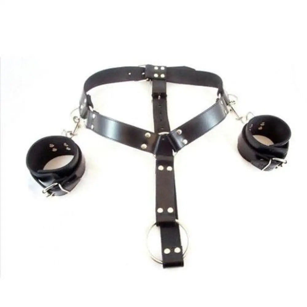 Black latex adjustable collar harness with wrist restraints - small - peaches and screams