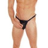 Black leather male pouch brief with zip details and buckles - peaches and screams