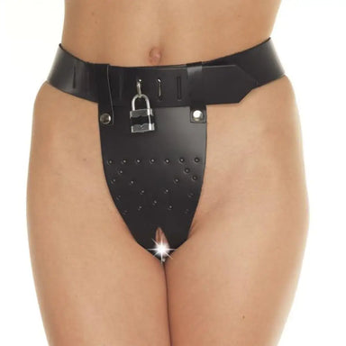 Black Leather Open Crotch Chastity Brief with Padlock Front - S/M - Peaches and Screams