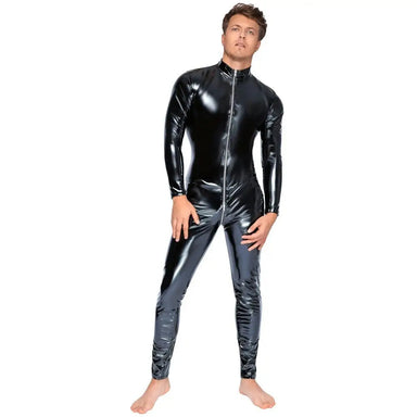 Black Level Wet Look Stretchy Vinyl Jumpsuit With Zip - Medium - Peaches and Screams