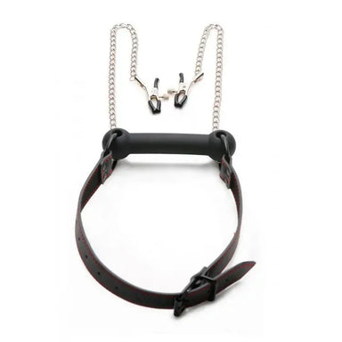 Black Silicone Bondage Gag And Nipple Clamps With Adjustable Straps - Peaches Screams