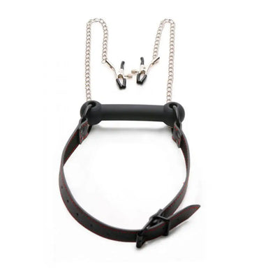 Black Silicone Bondage Gag and Nipple Clamps with Adjustable Straps - Peaches and Screams