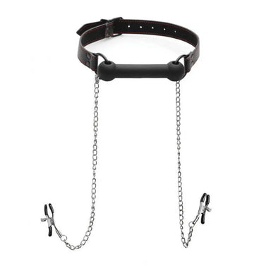 Black Silicone Bondage Gag and Nipple Clamps with Adjustable Straps - Peaches and Screams
