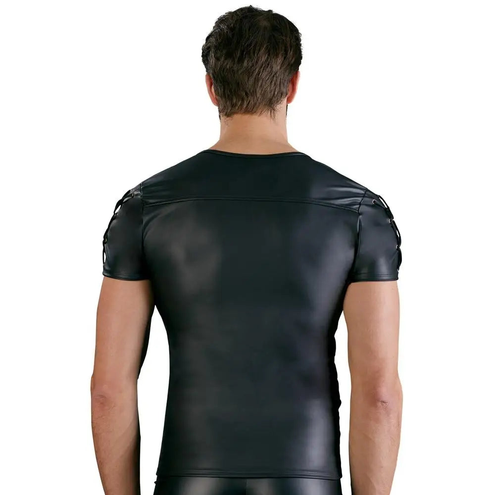Black stretchy straight cut d-ring fetish shirt for him - large - peaches and screams