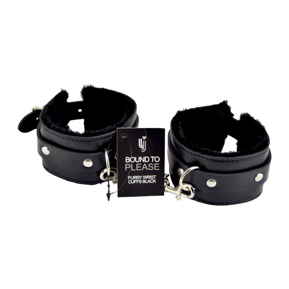 Bound to please furry plush wrist cuffs black - bondage restraints peaches and screams