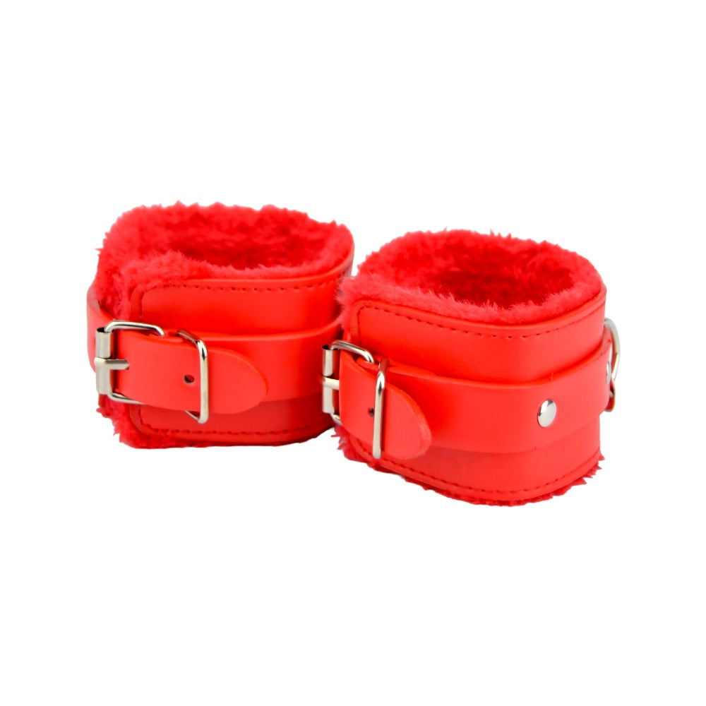 Bound to please furry plush wrist cuffs red - bondage restraints peaches and screams