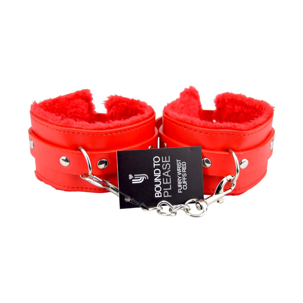 Bound to please furry plush wrist cuffs red - bondage restraints peaches and screams