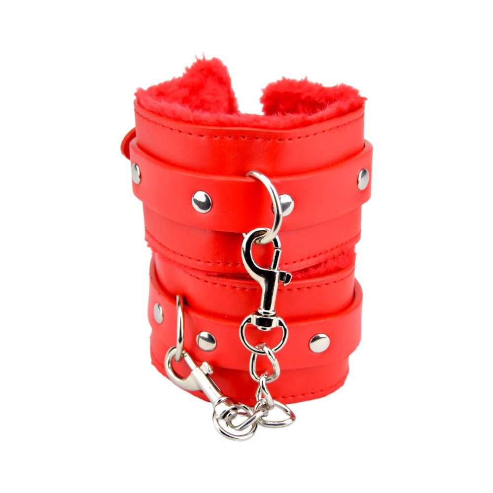 Bound to please furry plush wrist cuffs red - bondage restraints peaches and screams