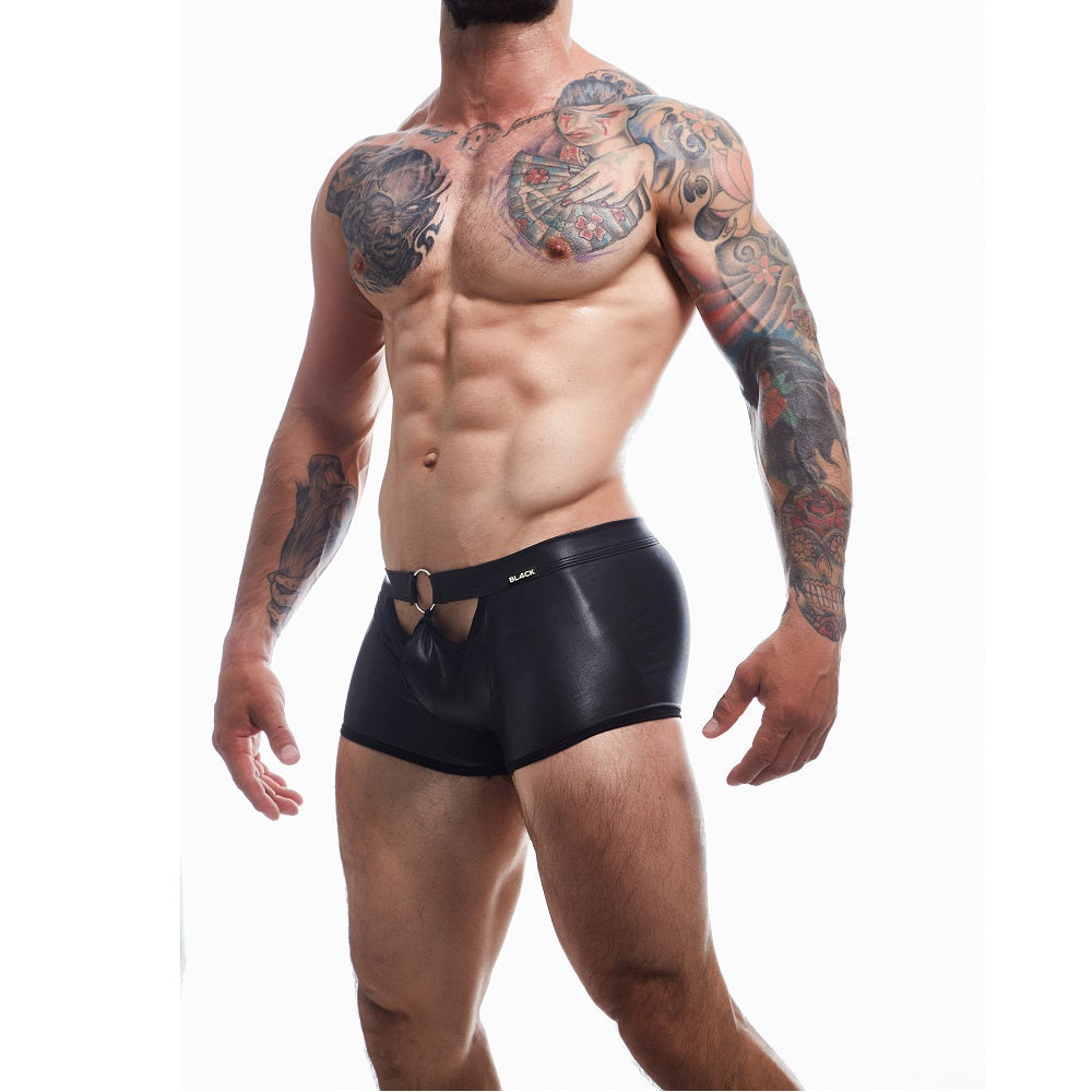 C4m black leatherette mini pants peekaboo trunks - men’s sexy underwear peaches and screams