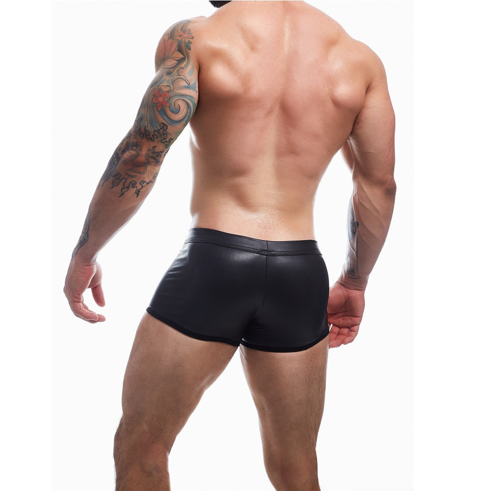 C4m black leatherette mini pants peekaboo trunks - men’s sexy underwear peaches and screams