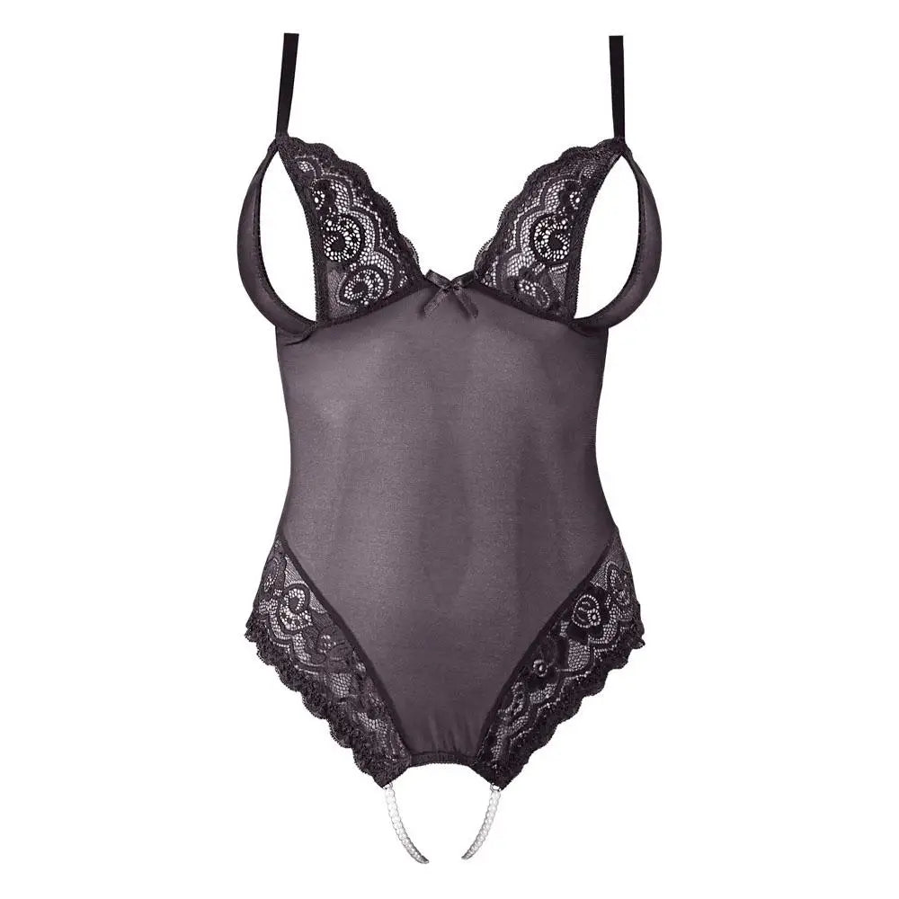 Cottelli black sexy wetlook crotchless peek a boo bodysuit - x large - peaches and screams