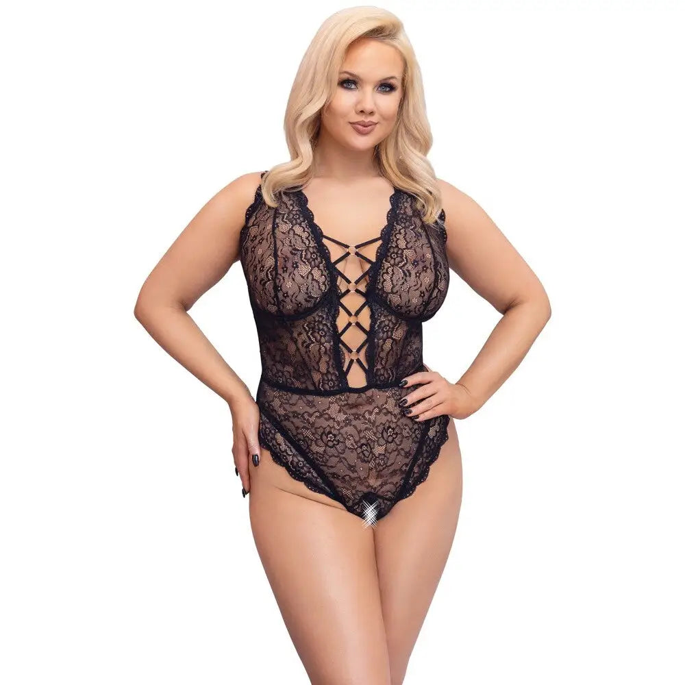 Cottelli Collection Black Plus Size Open Crotch Bodysuit - 95F/2XL - Peaches and Screams