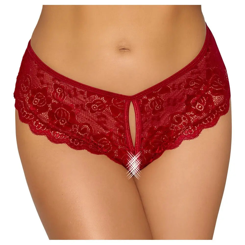 Cottelli collection wet look floral crotchless briefs - medium - peaches and screams