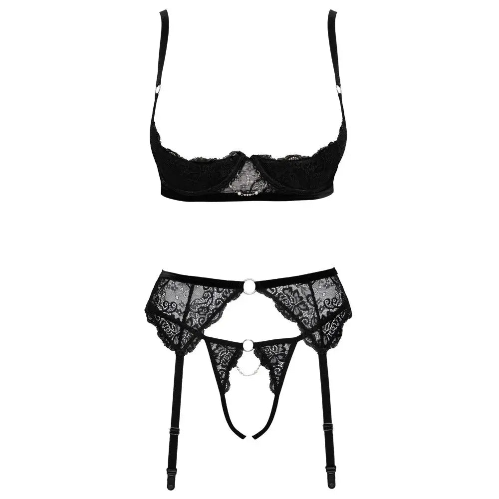 Cottelli erotic trio bra set with lace thong and suspender belt - peaches and screams