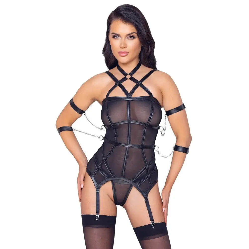 Cottelli nylon black bondage basque and string set - x large - peaches and screams