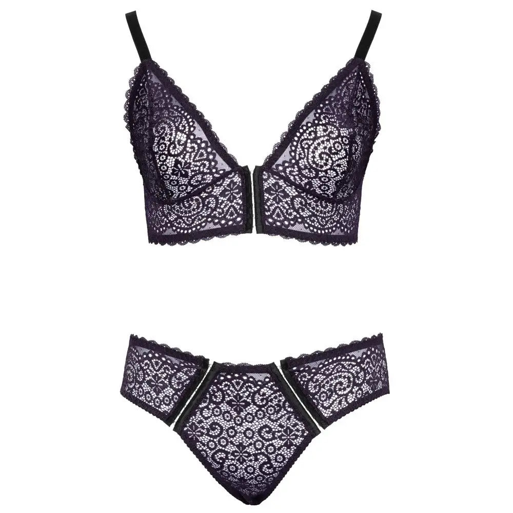 Cottelli nylon stretchy purple lace bra and briefs set - xxl - peaches and screams