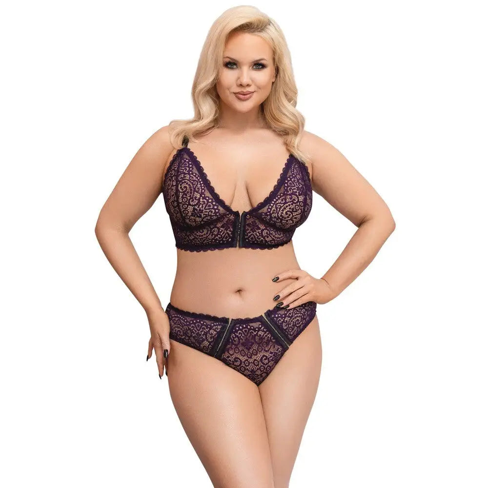 Cottelli nylon stretchy purple lace bra and briefs set - xxxxl - peaches and screams