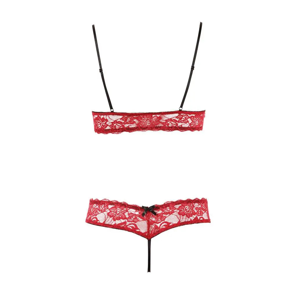 Cottelli Red Lace Peekaboo Bra and Crotchless G-string - Peaches and Screams