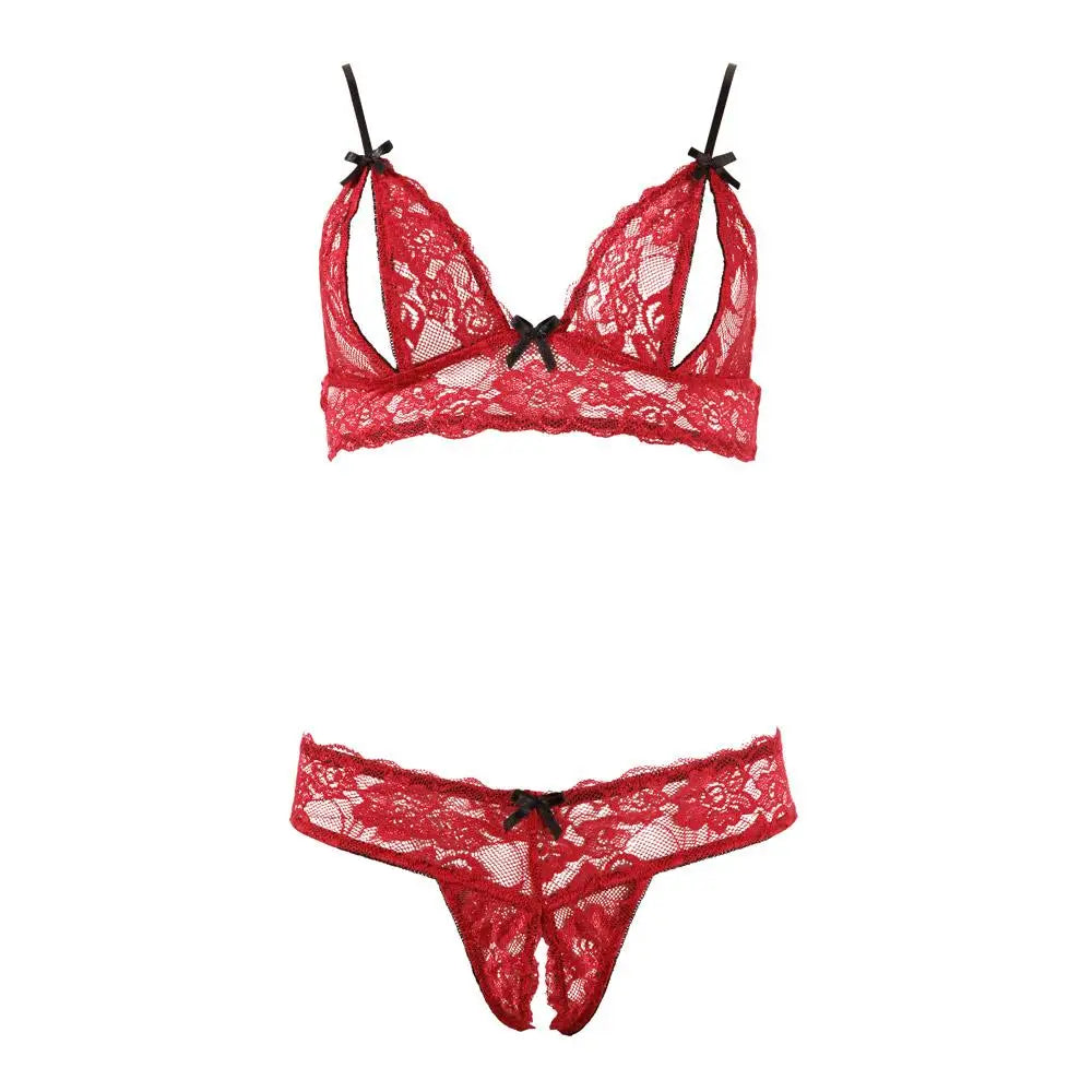 Cottelli Red Lace Peekaboo Bra and Crotchless G-string - Small - Peaches and Screams