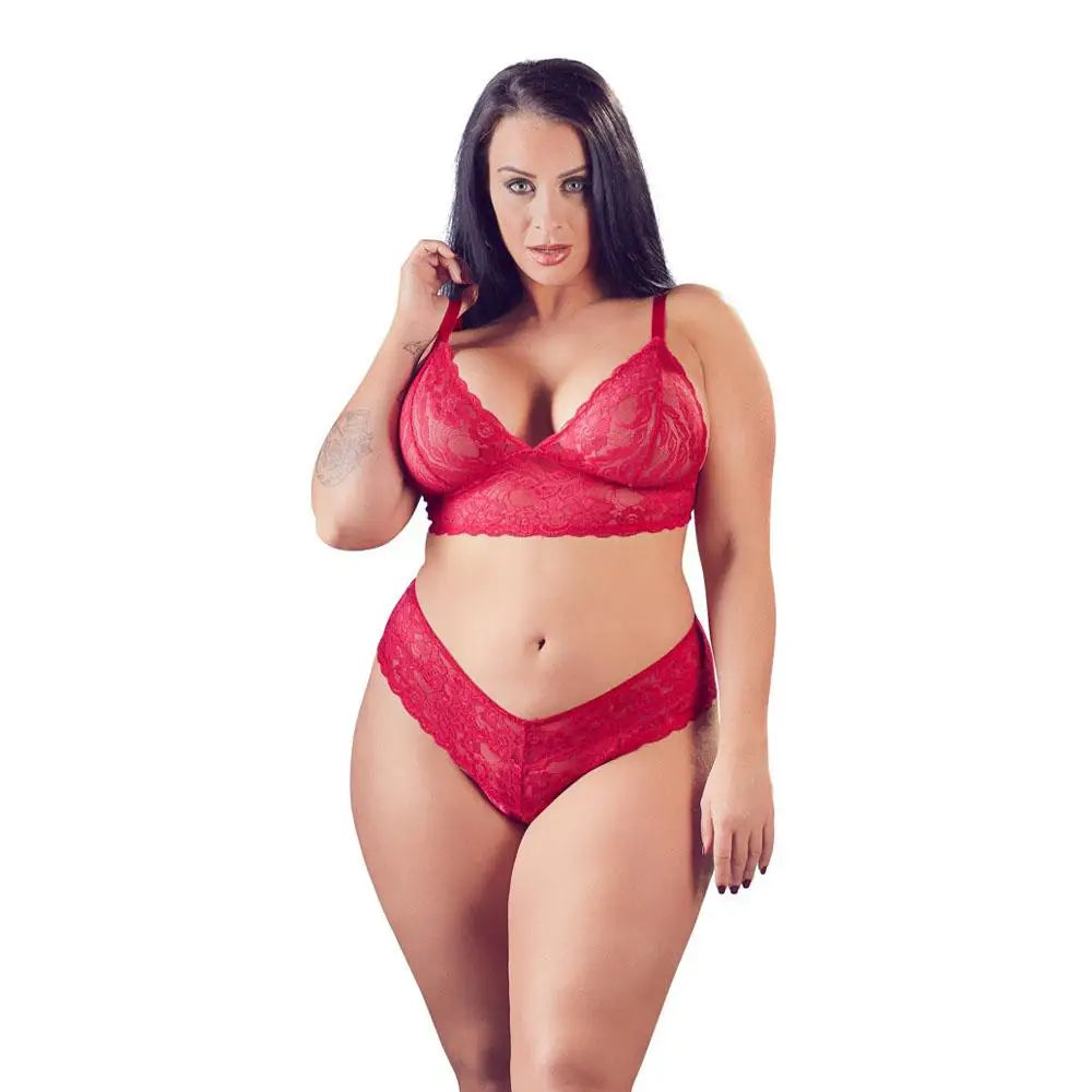 Cottelli red wet look plus size lace bra and briefs set - x large - peaches and screams