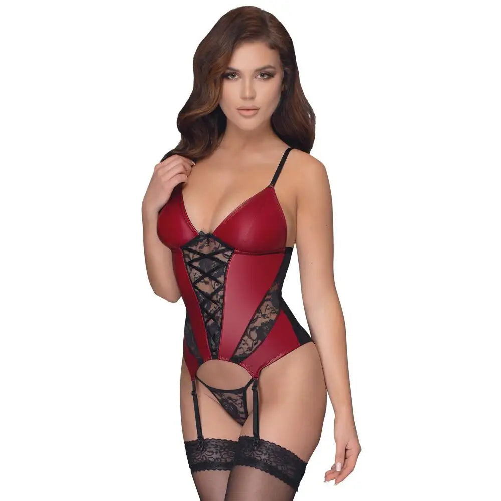 Cottelli sexy red stretchy basque and lace thong set - large - peaches and screams